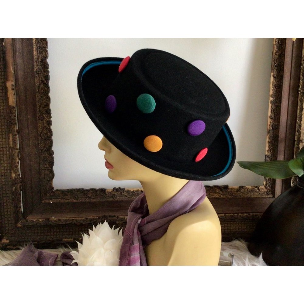 Vintage Black Wool Felt Hat with Cloth Colored Buttons